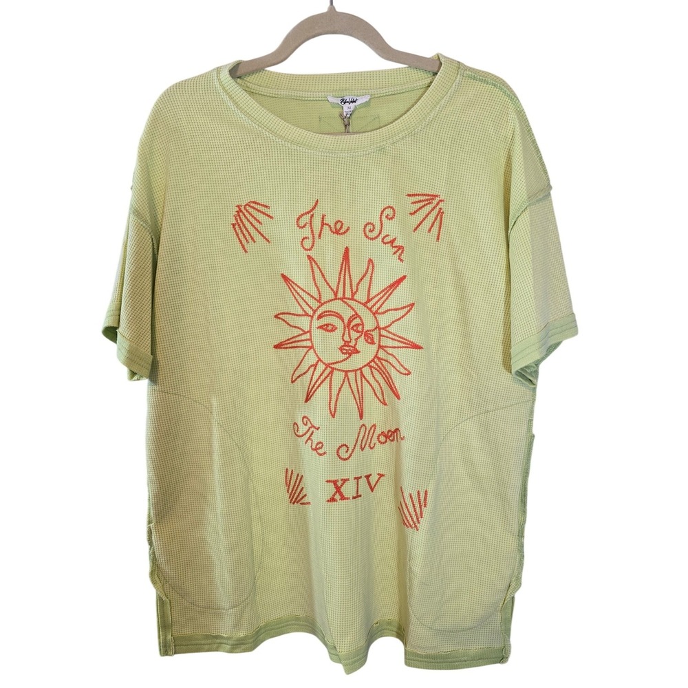 Blue Velvet‎ Women Green Sun Moon XIV Waffle Knit Embroidered Tee M NEW Pockets